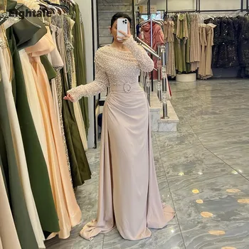 Eightale Arabic Evening Dress One Shoulder Prom Gown Customized Pearls Long Sleeves Wedding Party Dress Mermaid Robes De Soirée