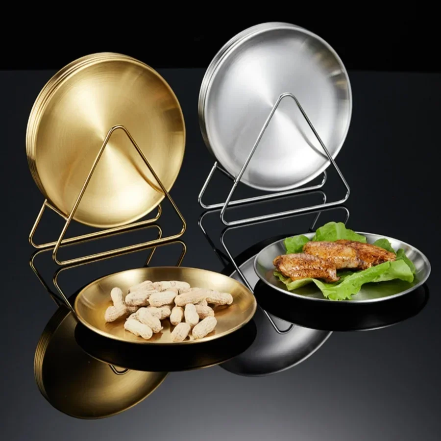 6pcs plates with storage rack Stainless steel restaurant snack plate Cake fries plate Gold tray