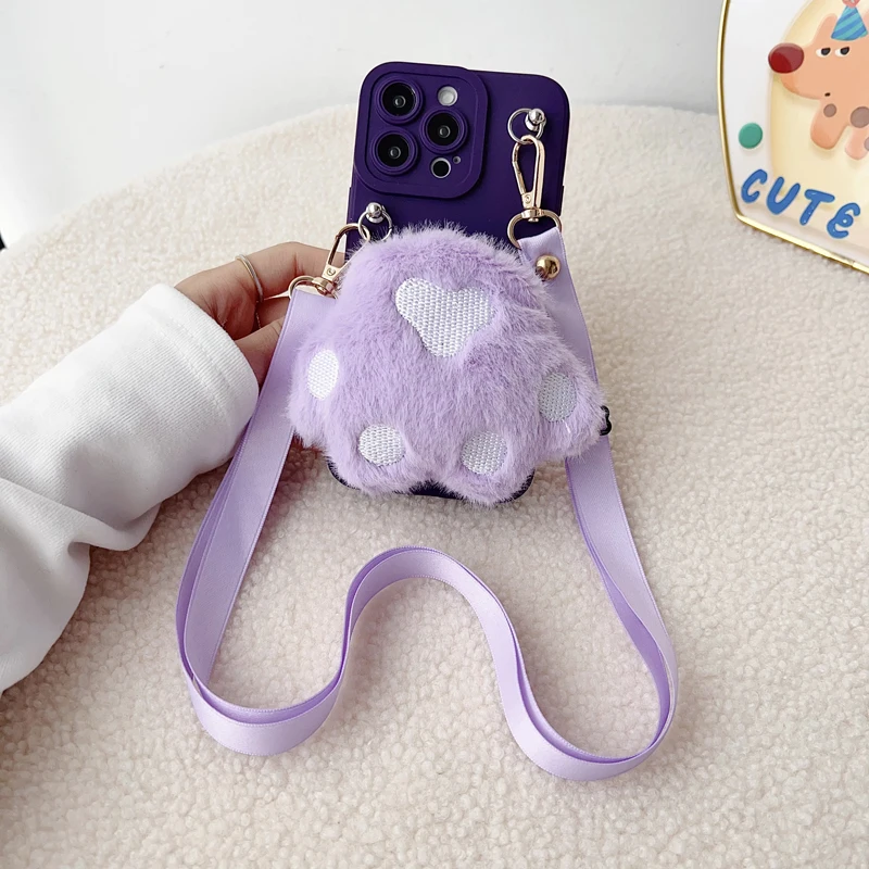 Plush Cat Paws Wallet Case with Rope - Enhanced Design