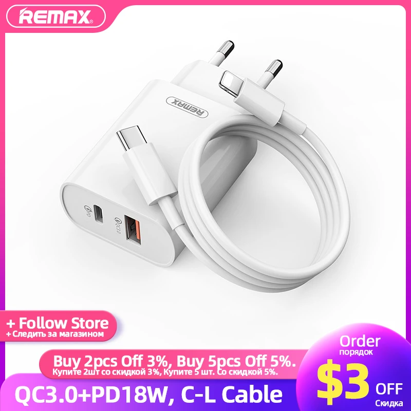 Remax QC 3.0 Phone Charger Quick Charge PD 18W Type C To Lightning Cable Fast USB Charging Adapter Set for iPhone 12 13 Xiaomi 65w charger