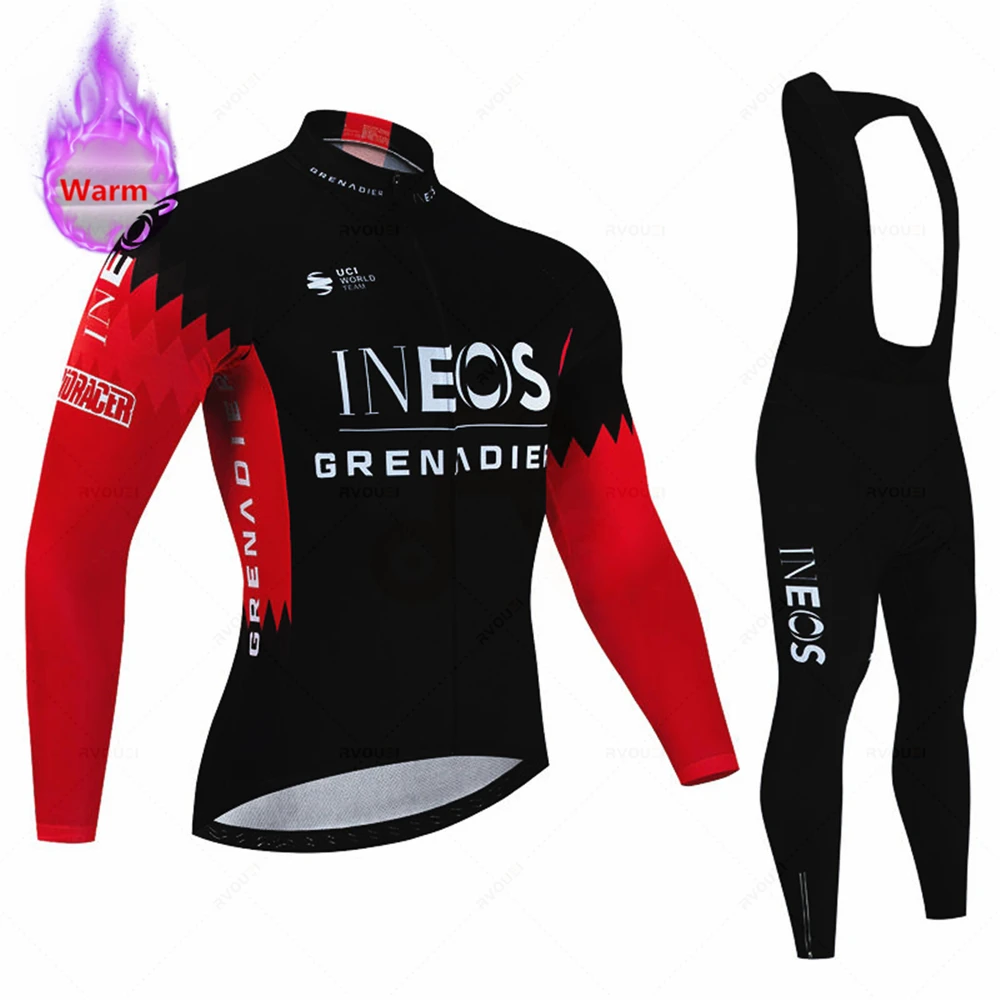 Ineos Winter Cycling Jersey Set Men Thermal Fleece Bicycle Clothing MTB Bike Bib Pants