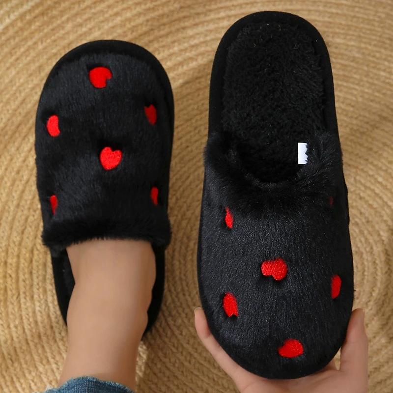 Heart Print Home Fur Slippers for Women Indoor Pink Fluffy Warm Cotton Slippers Woman Soft Bottom Bedroom Plush Slides Lady