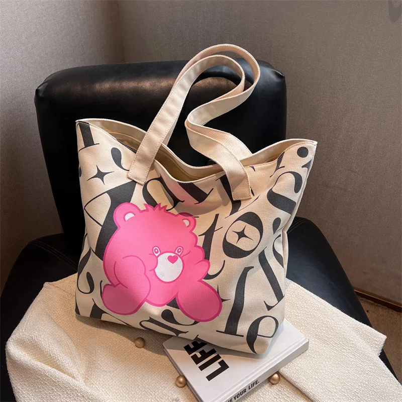 Rainbow Bear CareBear Canvas Woman Tote Bag Bear Alphabet Cartoon Cute Print Large Capacity Shopping Bag Hand Bill Shoulder Bag
