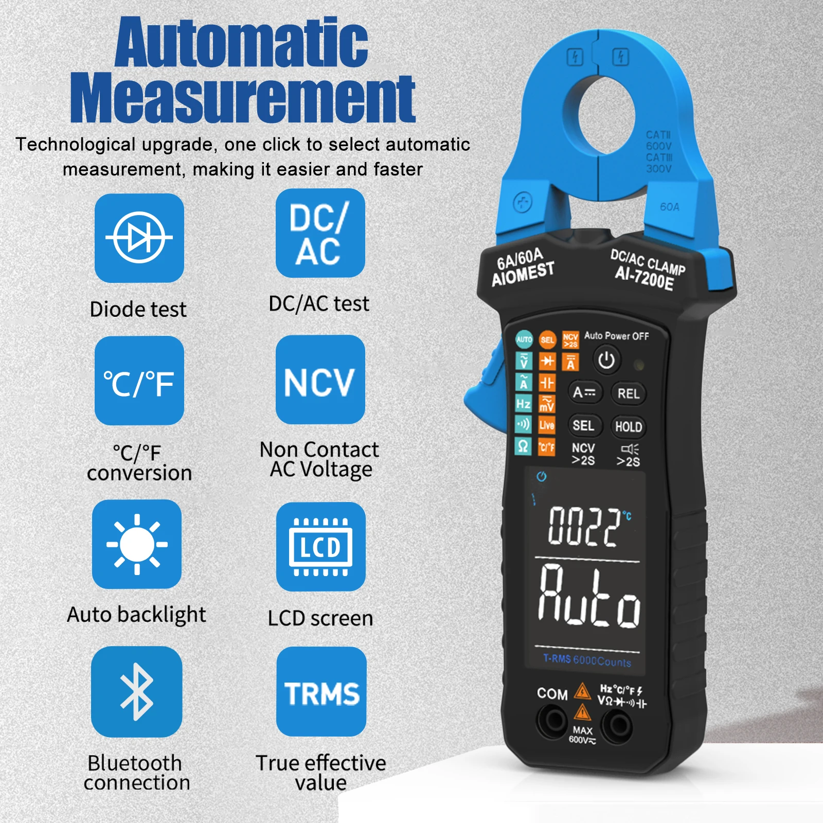 Auto-Select Auto-Range 6A/60ATRUE-RMS Digital AC/DC Clamp Meter,6000 ...
