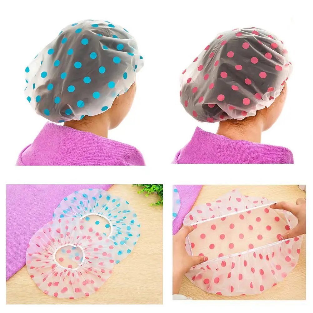 3Pcs Women Shower Cap Waterproof Wide Elastic Band Reusable Bashroom Cap Fashion Wave Point Shower Hat Bathroom Accessories 2