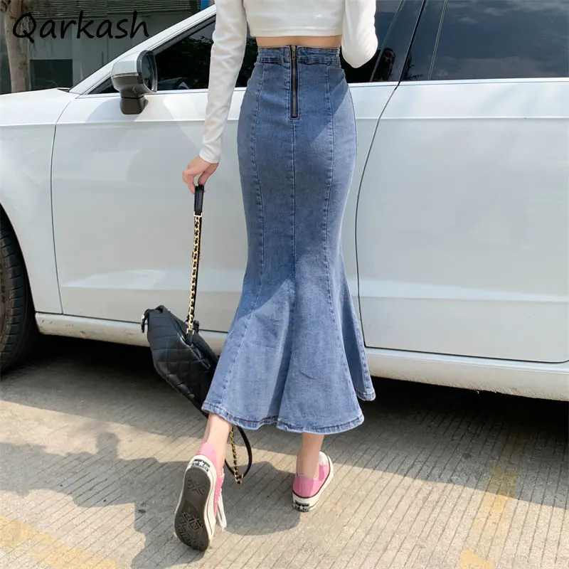 

Denim Ruffles Midi Skirts Women Slit All-match High Waist Sexy Streetwear Harajuku Students Faldas Largas Stylish Y2k Clothes