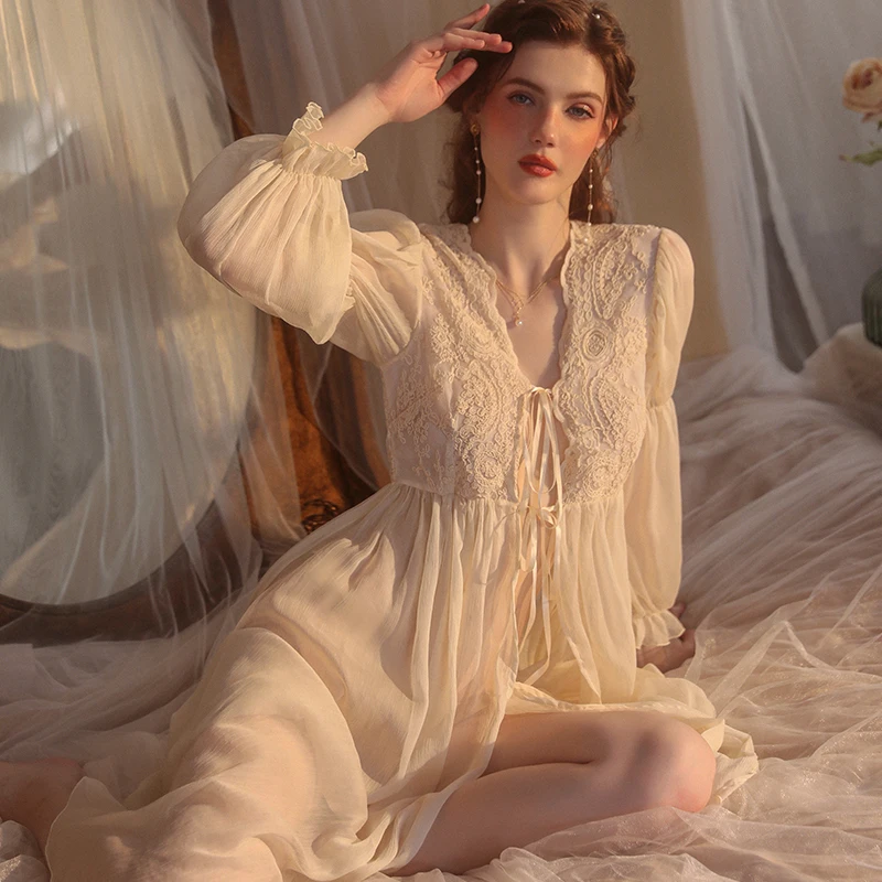 

Sexy Perspective Charm Court Style Robe Lace Princess Dress Underwear Nightgown Solid Color Women Homewear Lingerie Sleepwear