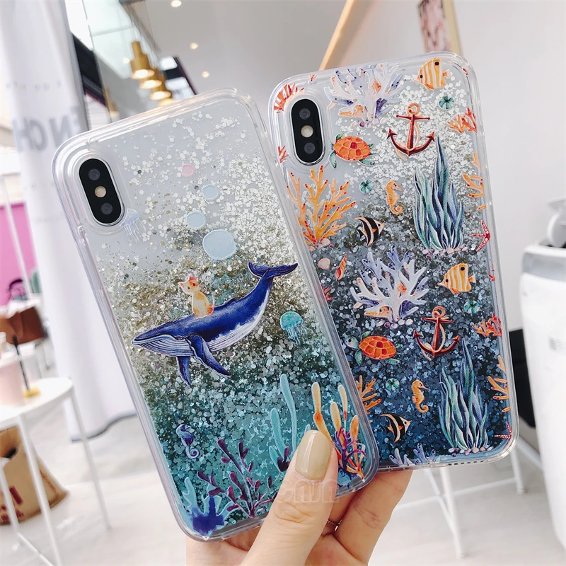 Whale Coral Seaweed Per Xiaomi 13 12 12X Mi 11I 2022 11 Lite Custodia Glitter Shiny Liquid Quicksand Clear Cover