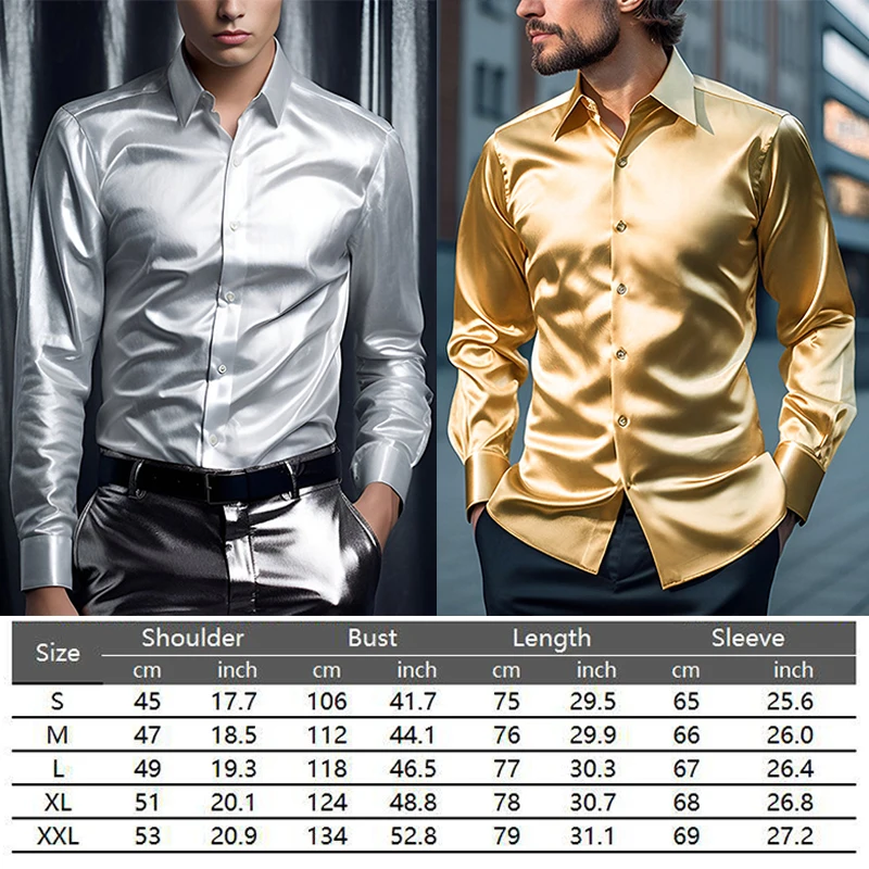 New Men Satin Luxury Dress Shirts Anti-wrinkle Silk Smooth Tuxedo Shirt Slim Fit Wedding Party Prom Casual Shirt Chemise Homme