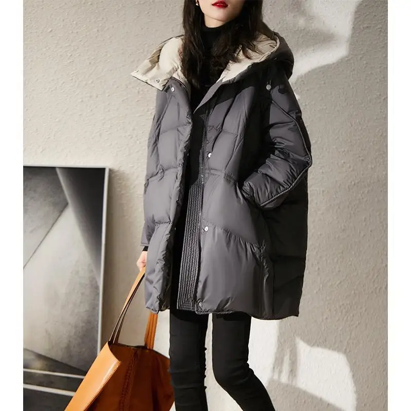 

Woman Midi-length White Duck Down Jacket Female Detachable Coat Hooded Ladies Pocket Zipper Casual Outwear G718