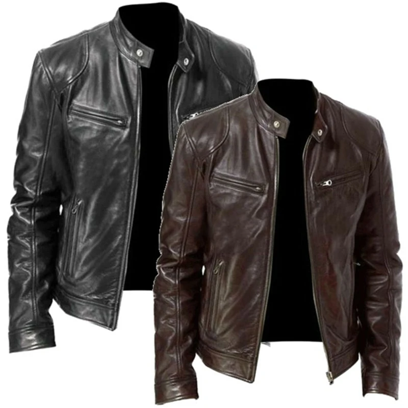 

Men Vintage Casual Warm PU Jacket Long Sleeve Stand Collar Autumn Winter Zipper Windbreaker Slim Fit Leather Coats Streetwear