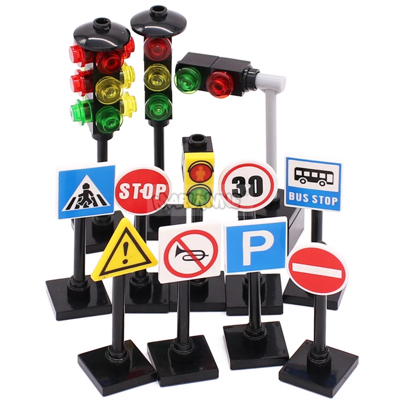 Marumine Traffic Road Sign Light Lamp Block Brick City Street View Accessories Signpost Barrier Speed Limit Indicator Warning images - 6