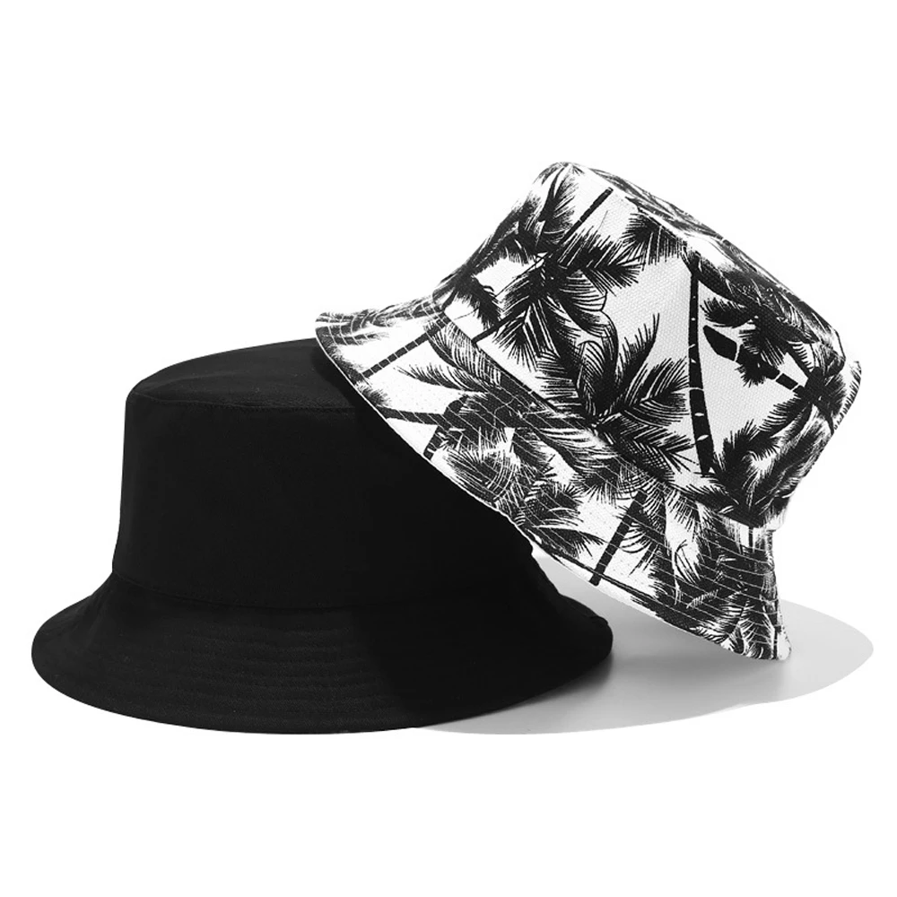  - 2022 New Unisex Fashion Summer Reversible Black White Coconut Tree Printed Fisherman Caps Bucket Hats Gorro Pescador Men Women