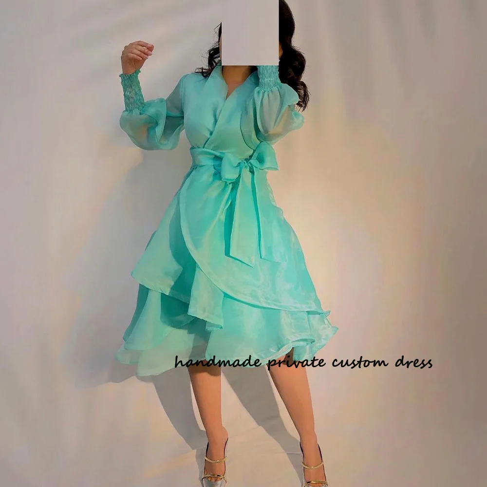 

Aqua Green Organza A Line Prom Party Dress Long Sleeve Bow Belt Saudi Arabic Evening Dress Knee Length Elegant Dubai Prom Dress