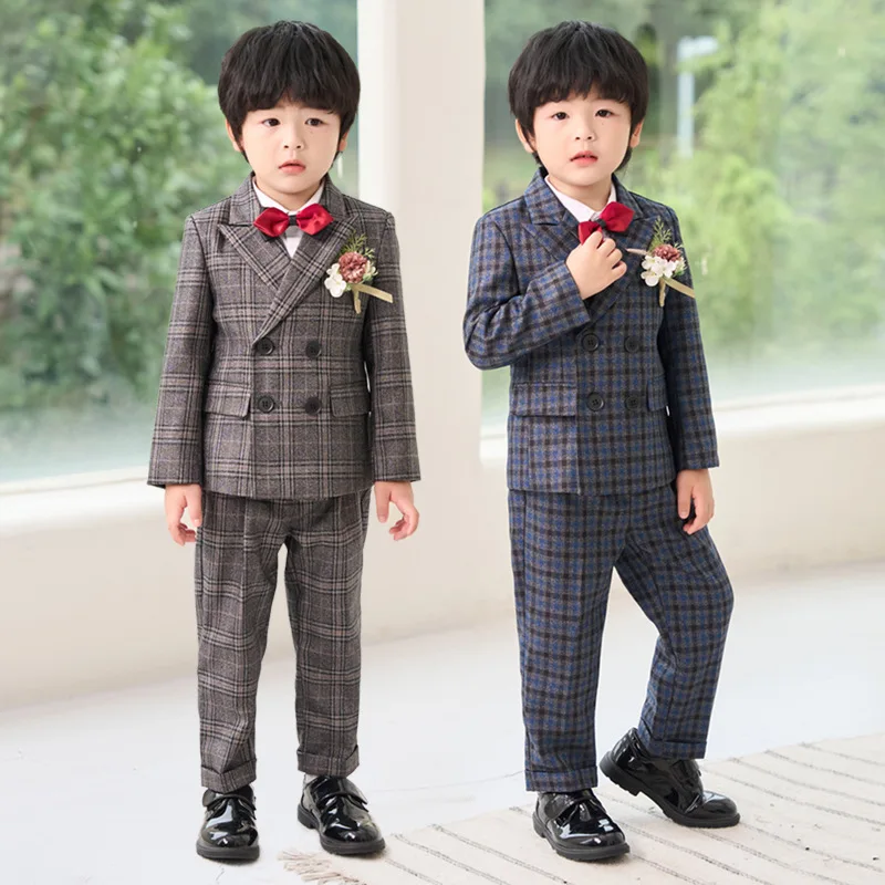 

Boy Formal Plaid Dress Suit Set Child Host Piano Performance Birthday Party Wedding Costume Kid Blazer Vest Pants Bowtie Clothes