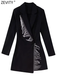 Zevity Women Chic Notched Collar Diamond Tassel Design Suit Style Black Playsuits Ladies Kimono Conjion Shorts Rompers DS3124