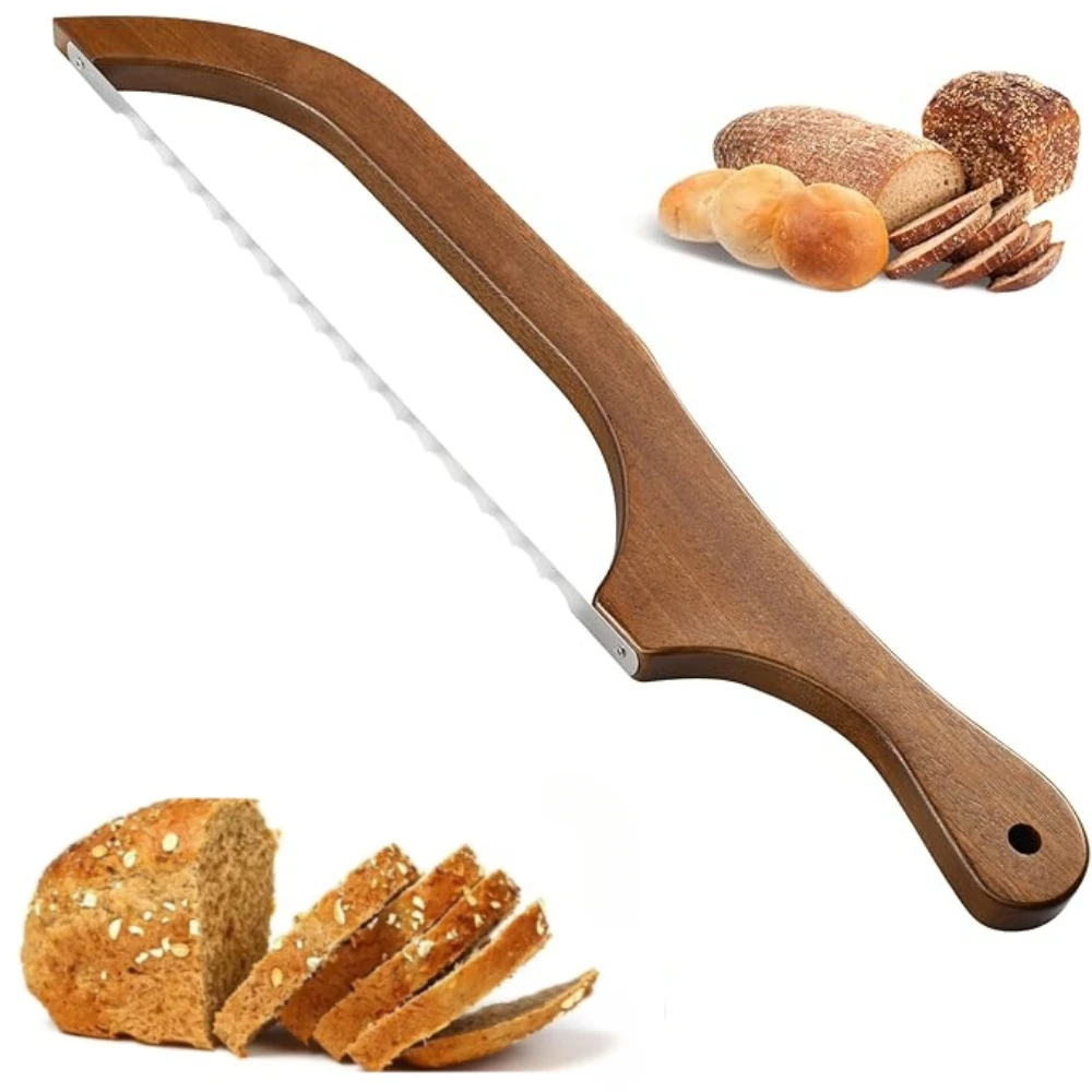 Wooden Bread Knife Slicer Stainless Steel Serrated Saw Bread Cutter for Homemade Bagels Baguettes Serrated Knife