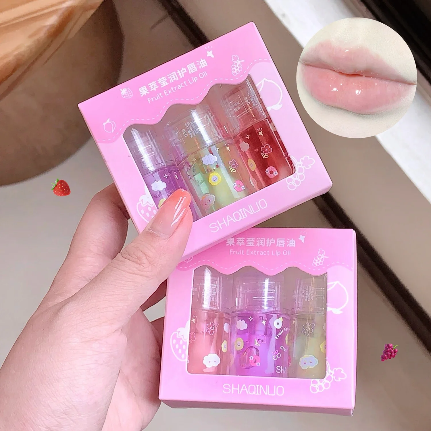 1/3Pcs Fruit Lip Oil Set Transparent Jelly Mirror Water Lip Gloss Nourishing Moisturising Anti-Dry Lips Plumping Makeup Care