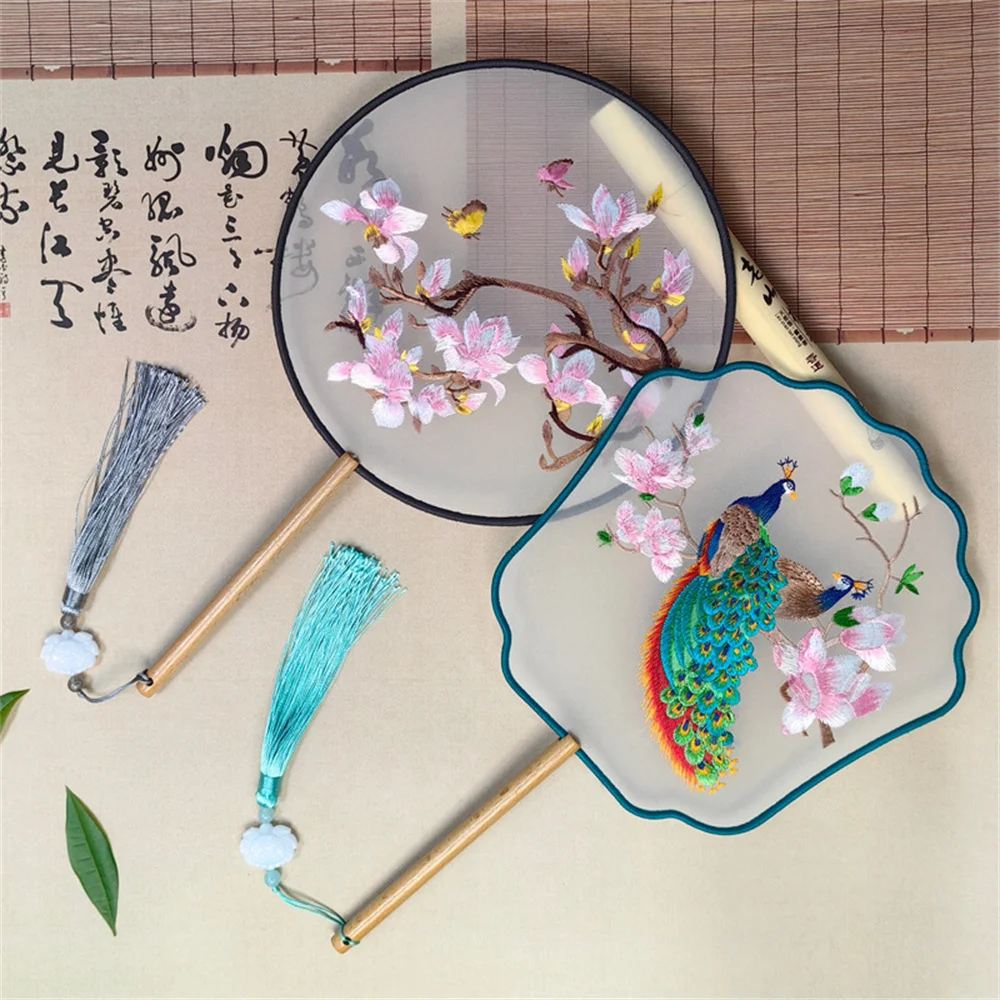 Flower Embroidered Wooden Handle Fan for Dance Wedding Hanfu hand fan,wooden hand fan
