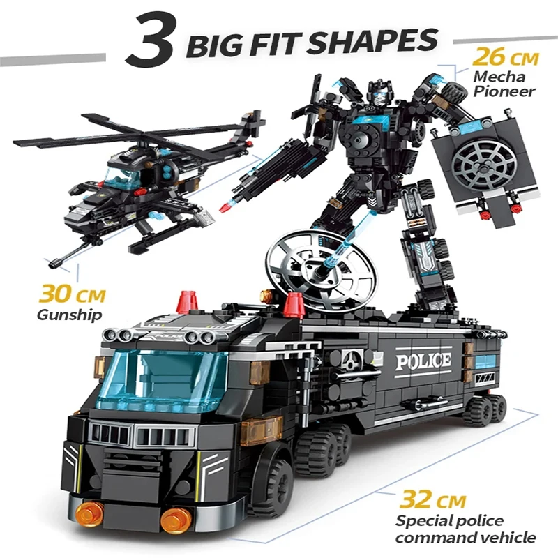 8 in1 Military Police Building Blocks Set Model Car Aircraft Mecha Transform Rob