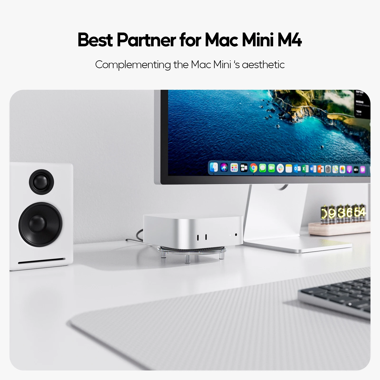 PULWTOP 투명 아크릴 데스크 스탠드, 간편한 전원 버튼 접근 기능이 있는 미니멀리스트 M4 홀더, Mac Mini M4/M4 Pro용 미끄럼 방지 베이스
