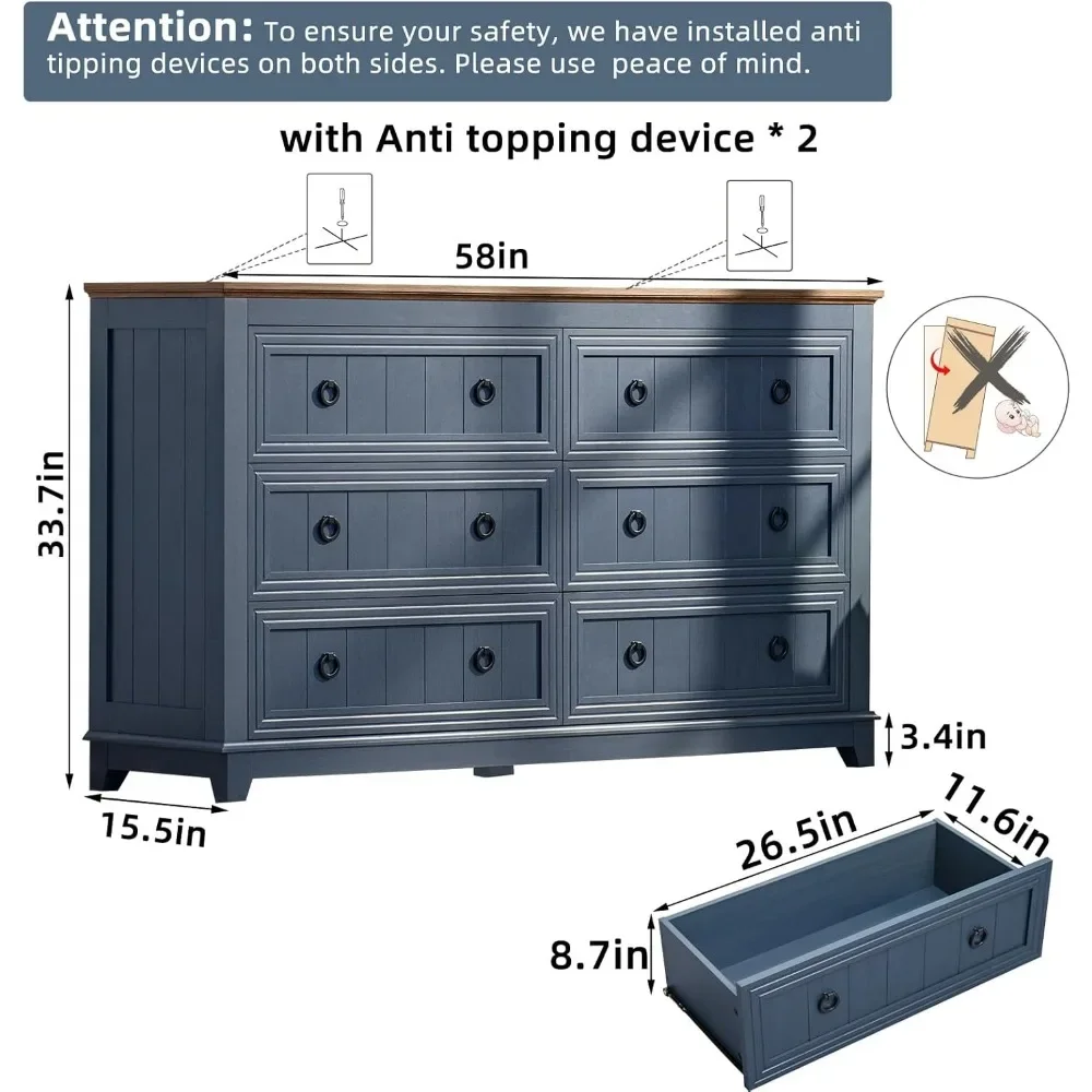 Farmhouse Furniture Set, Nightstands Set, 58 Inch Wide Wood Dresser and 18" Night Stands with Charging Station