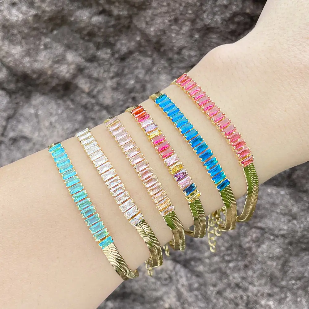 Flola Rainbow Crystal Tennis Bracciali Per Le Donne Rame Placcato Oro Catena Serpente Bracciali Dichiarazione Gioielli Regali Brth83