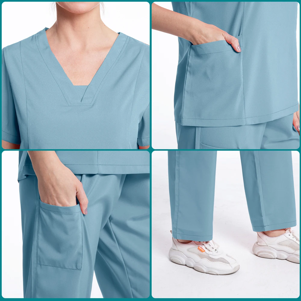 Solid Color Unisex Surgical Gown Pocket V-neck Scrubs Set for Women Joggers Scrub Suit Hospital Uniform Nurse Workwear