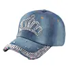 Women Bling Tiara Distressed Denim Baseball Cap Rhinestones Embellished Washed Retro Style Adjustable Hat 1