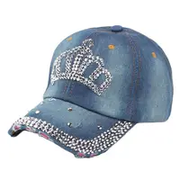 Women Bling Tiara Distressed Denim Baseball Cap Rhinestones Embellished Washed Retro Style Adjustable Hat 1