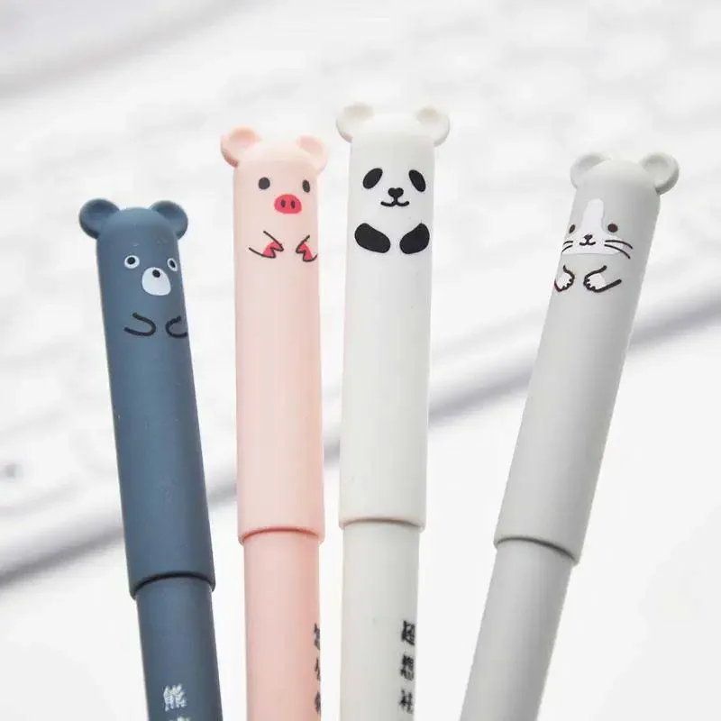 Erasable pen refills 4+20 Pcs/Set Kawaii Pig Bear Cat Erasable Gel Pen Refills Rods 0.35mm Blue Black Ink Washable Handle School Office Supplies Gift