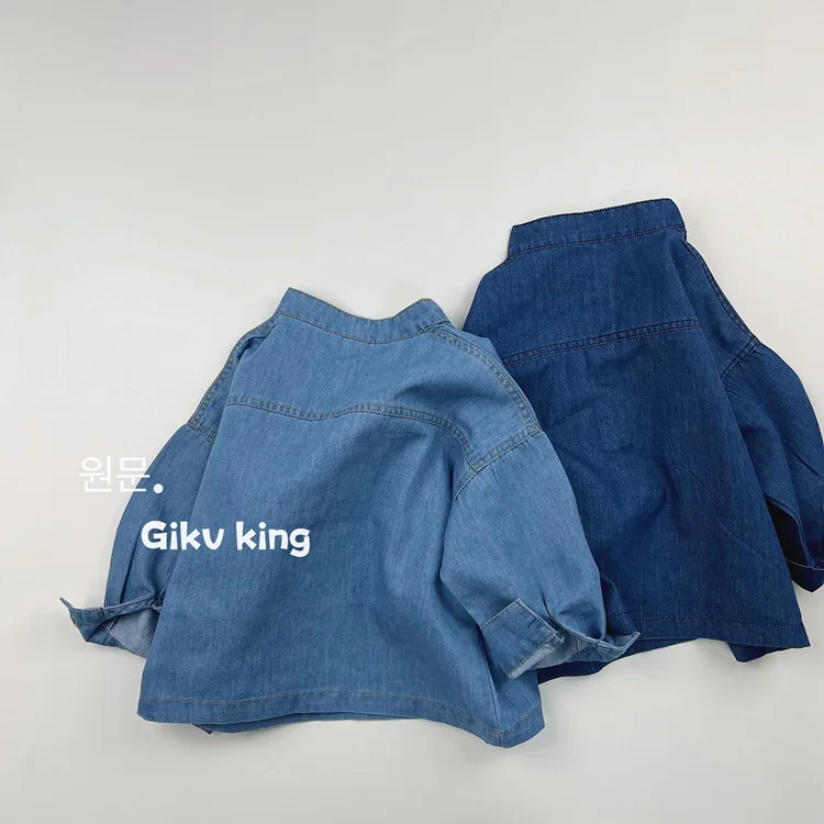 Spring New Boys Girls Denim Shirts Kids Long Sleeve Loose Tops Infant Toddler Casual Large Pocket Shirts Children Clothes