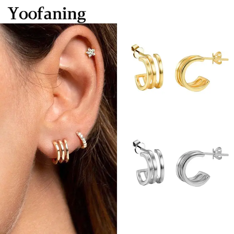 925 Sterling Silver Needle Dainty Triple Band Huggie 18K Gold Plated Hoop Earrings Women's Light Luxury Fashion Stud Earrings