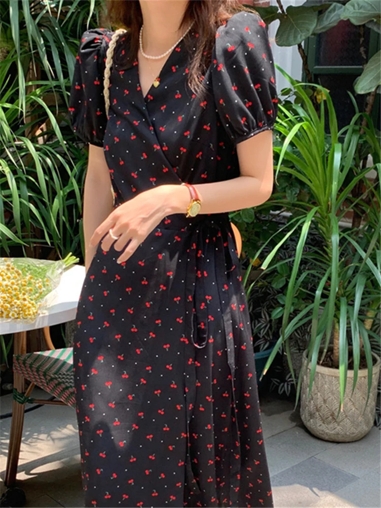 

Dresses 2023New Printed Floral Elegant One Piece V-Neck Lace Up High Waist Korean Vintage Lady Summer Women Dresses Long Dresse