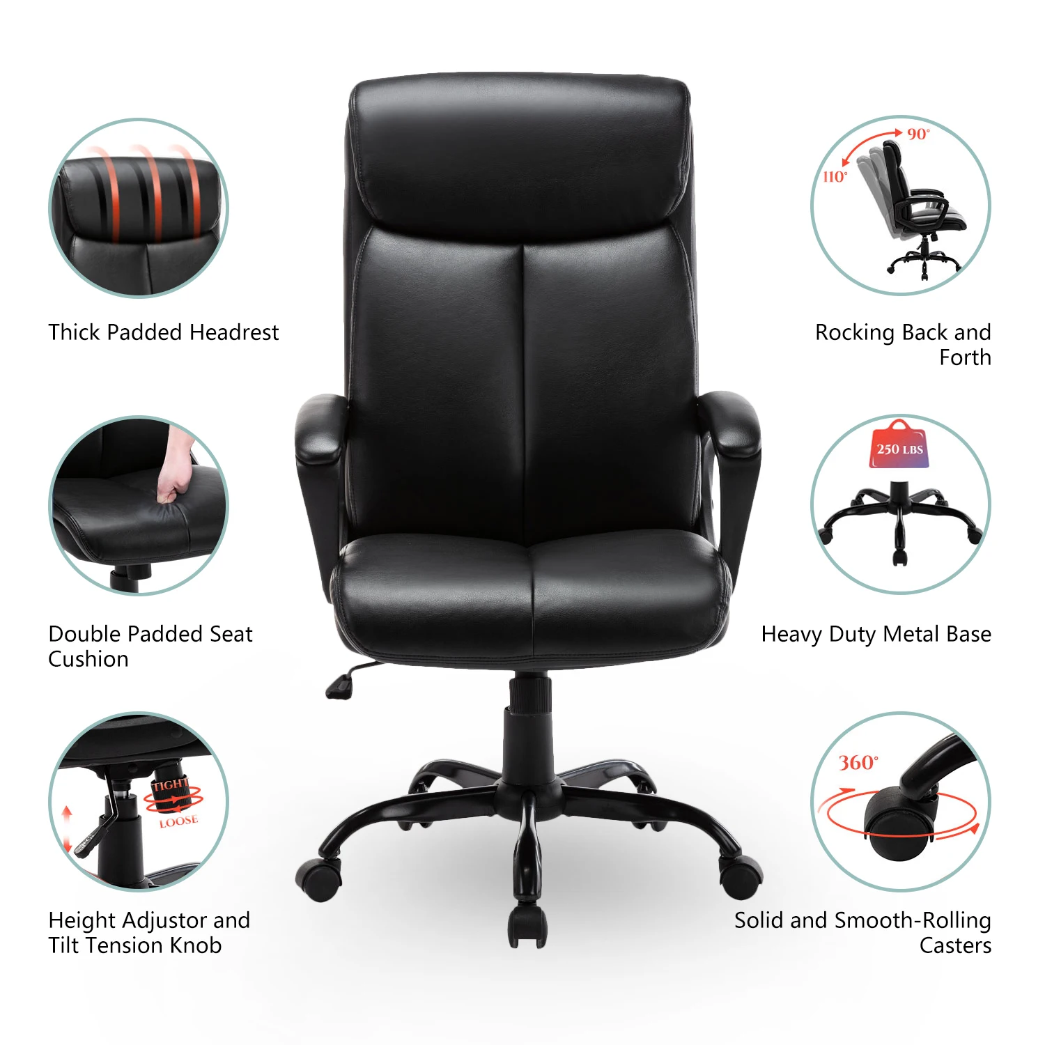 High Back Office Chair Executive Bonded Leather Computer Desk Swivel Task Chair W/Rocking Function Black[US-W]
