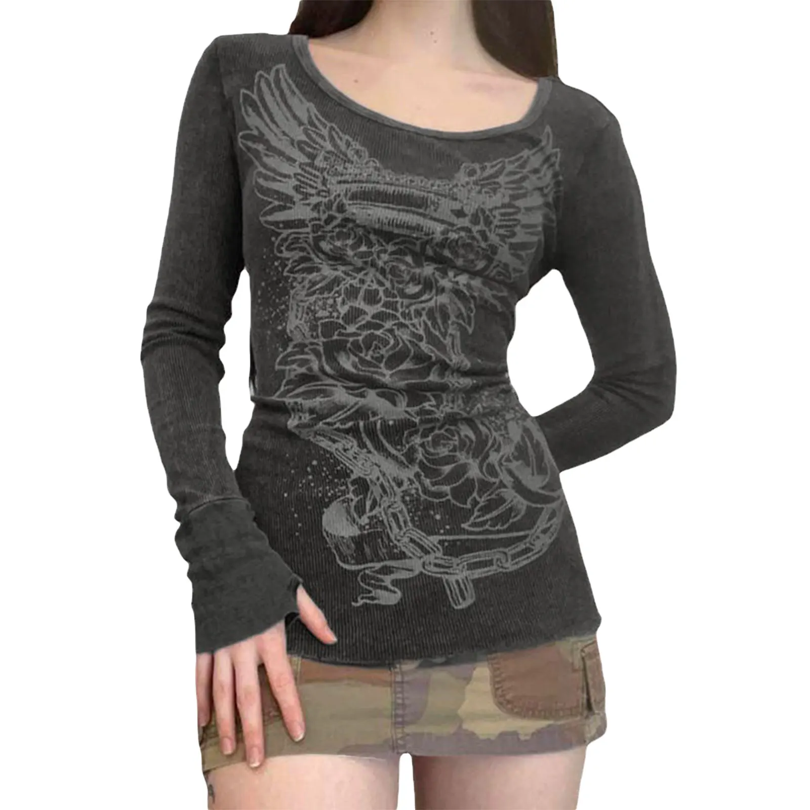 

Женская футболка с длинным рукавом, круглым вырезом и цветочным принтом