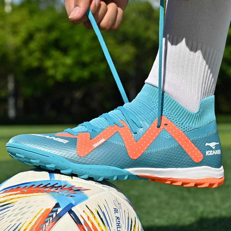 Tacos de fútbol profesionales para hombre, zapatos de fútbol antideslizantes con cordones, corte bajo, color azul, marca Original