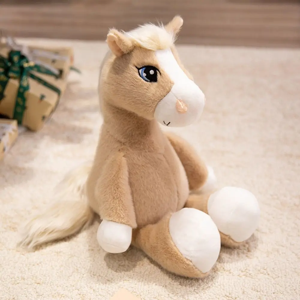 Simulation Sitting Foal Plush Doll with Mane Long Tail Horse Plush Toys Soft Stuffed Cartoon Horse Stuffed Toy Room Decoration