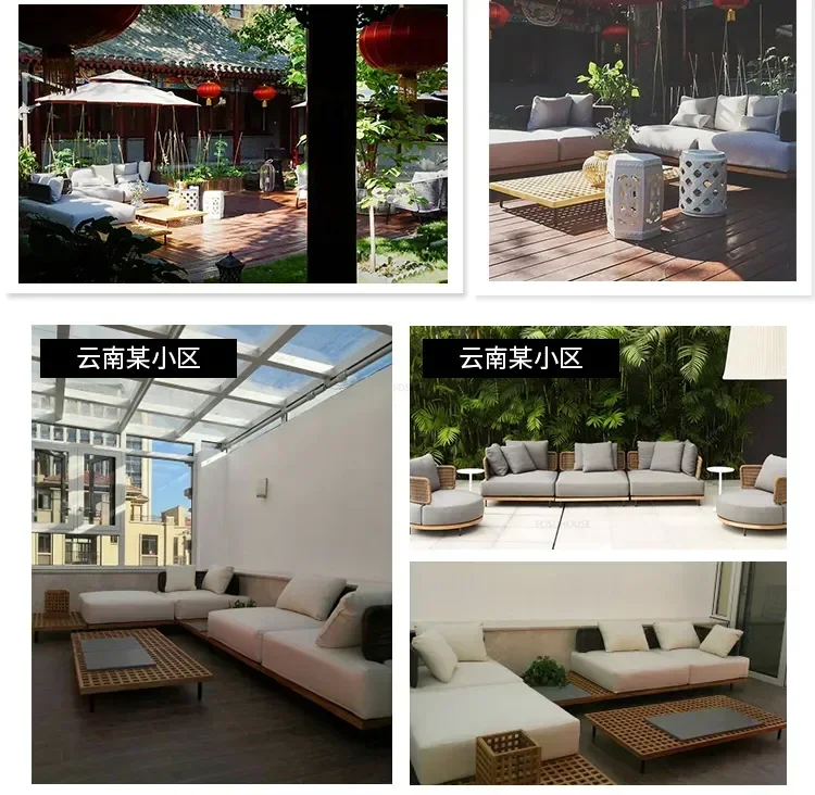 Luxury Outdoor Garden Furniture Sets Solid Wood Rattan Sofa Nordic Home Leisure Patio Furniture B&B Villa Sofa Chair Combination