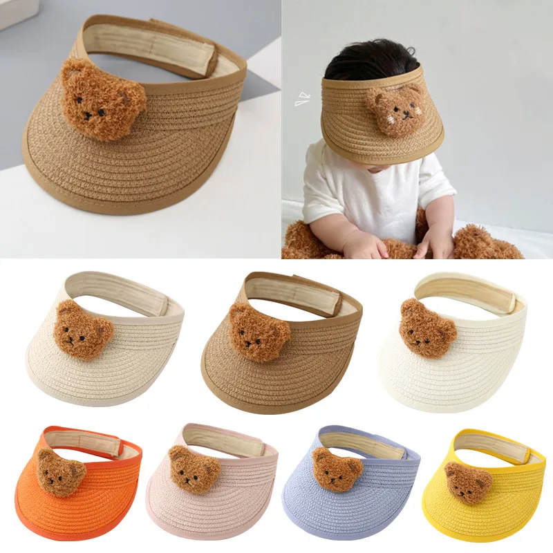 

KLV 2022 New Kids Straw Hat Summer Cartoon Bear UV Protection Sun Hat Outdoor Traveling Baby Boys Girls Baseball Hat Visor Cap