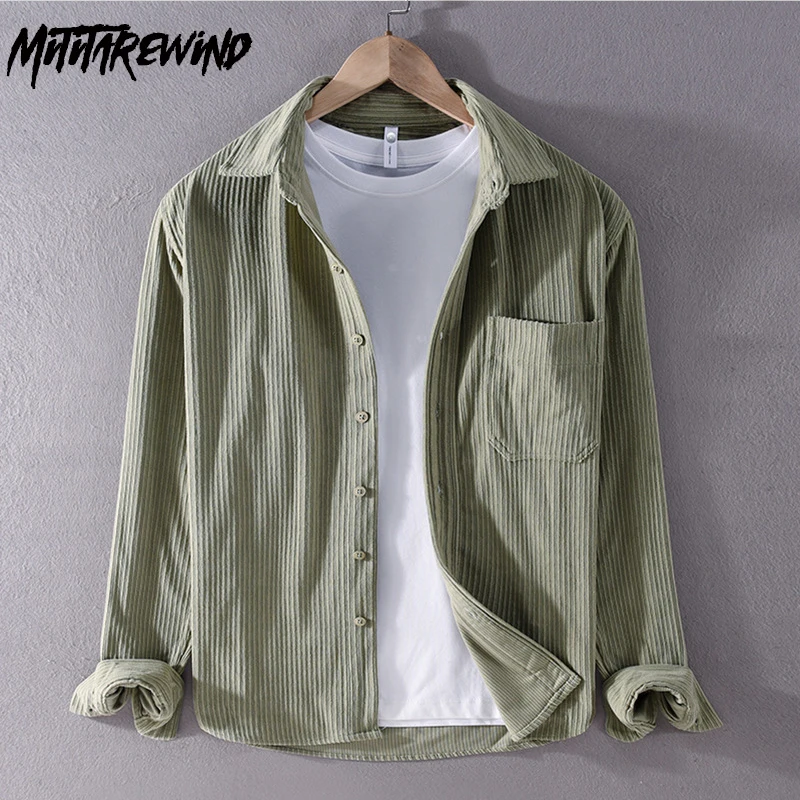 

New Long Sleeve Shirt Men Spring Autumn Daily Loose Casual Shirts Corduroy Pocket Solid Button Up Shirt Men Simple Versatile Top