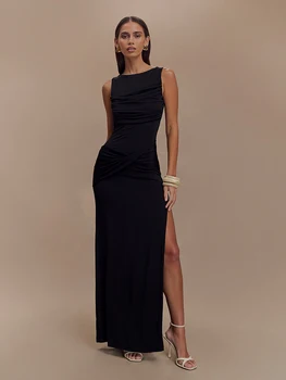 Balitops Sexy Sleeveless Pleated Bodycon Elegant Backless Maxi Dress Women Slim Fit High Waist Thigh Split Party Evening Dress 1
