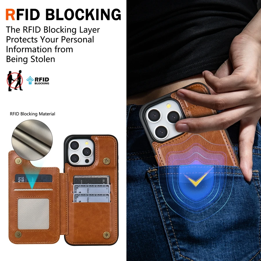 RFID Blocking Leather Wallet with Anti-Theft Magnetic Case and Card Holder
