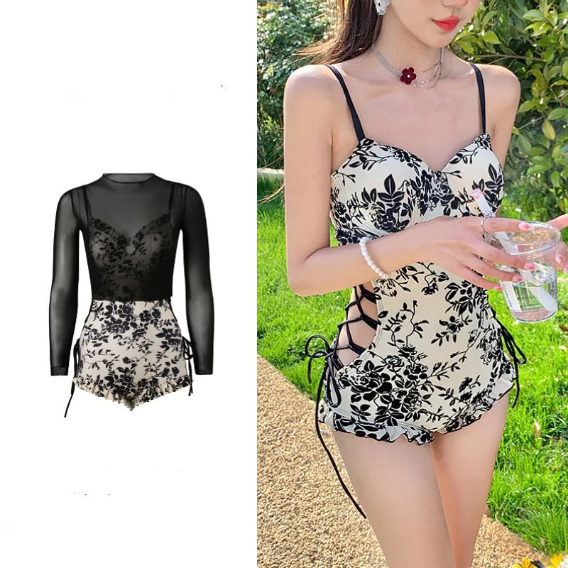 2023 New Summer Retro Print Sexy Waist Lace Up Long Sleeve Cover Up Sun Protection Hot Spring Swimming Beach Bikini Set