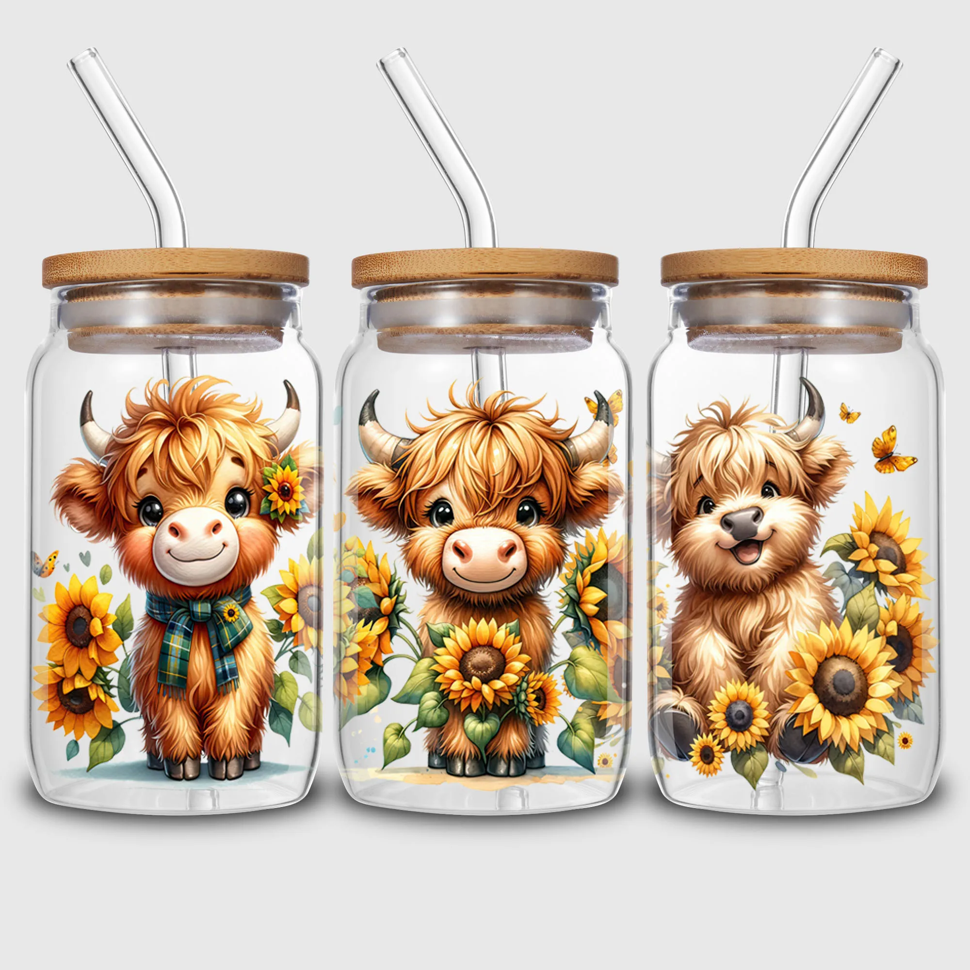 5 Sheets Cow Sunflower UV DTF Cup Stickers Glass Movement DTF Transfer Stickers Waterproof Wipe-On Transfers sticker cups,uv dtf wrap transfer