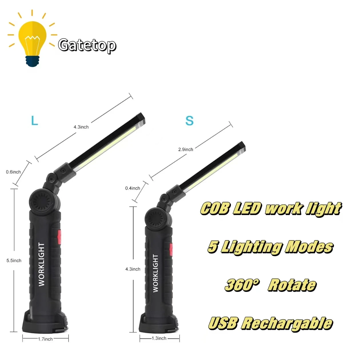 LED COB portable flashlight magnetic base USB rechargeable work light built-in battery for camping repair car climbing hills