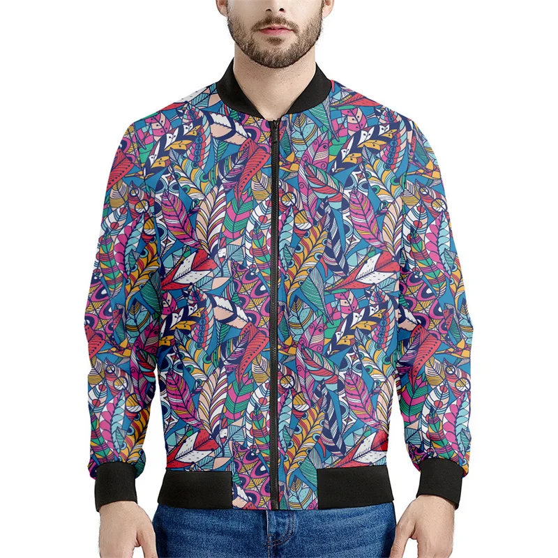 thumbnail image 1 of Chaquetas con estampado de plumas bohemias para hombre, sudadera de manga larga con estampado 3D retro, chaqueta bomber de calle de gran tamaño con cremallera, 1 of 4