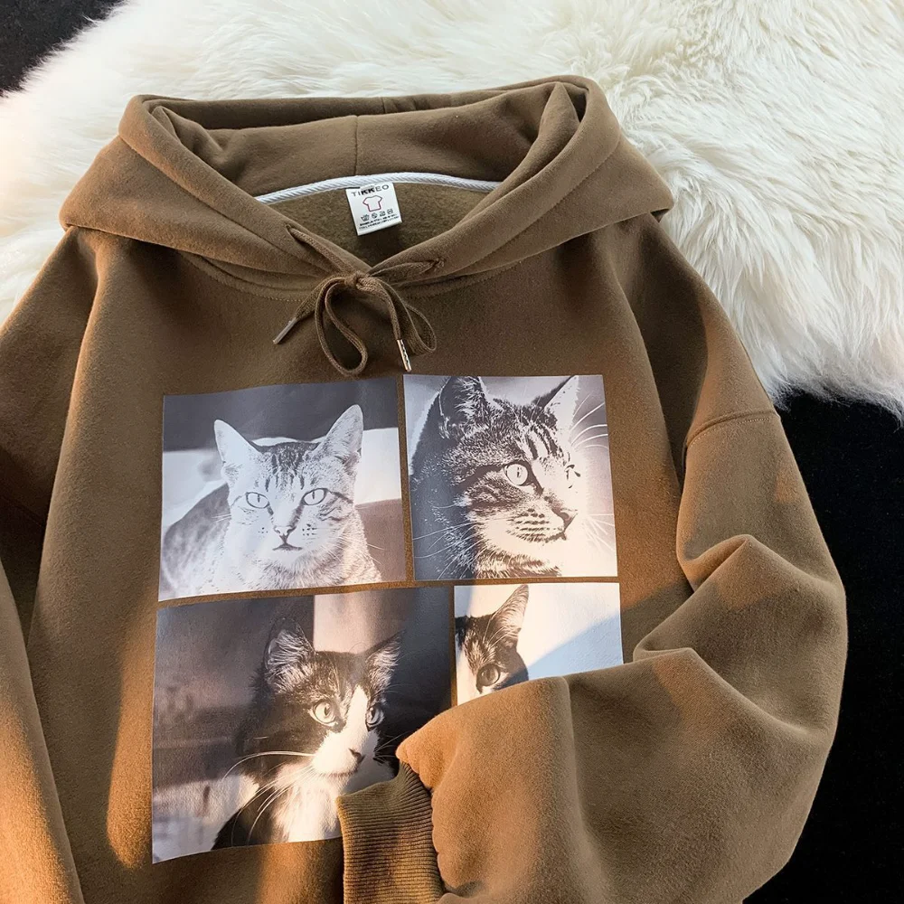 

High Street Original Cats Photo Retro Hoodies Thicken Plush Winter Clothes Black White Oversized Sweatshirt Harajuku Korean Tops