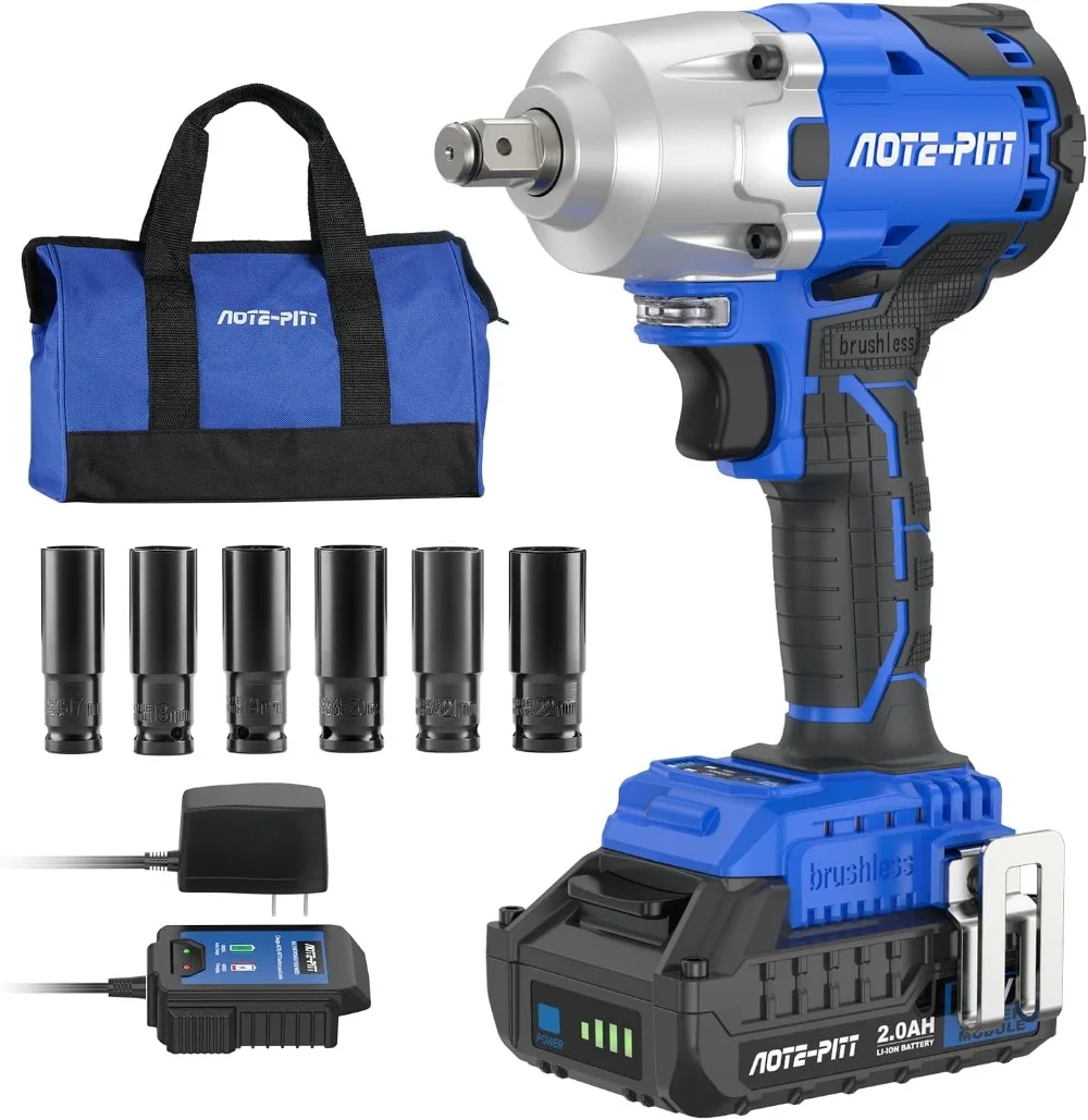 

20V 370 Ft-lbs Brushless 1/2 Inch Impact Wrench Kit with 6 Sockets, 2Ah Battery, Charger, Bag