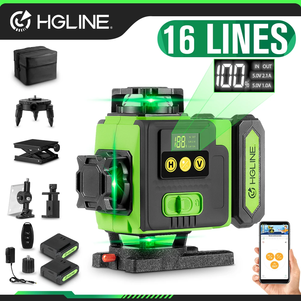 HGLINE 16 Lines 4D Laser Level APP Remote Control Rechargeable Self-leveling 360 Laser Level 6000mAh Big Li-ion Battery
